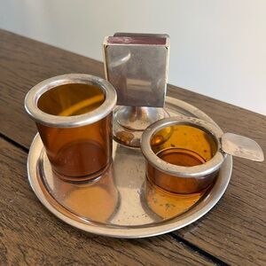 Antique Victorian Silverplate Double Inkwell With Match Holder Amber